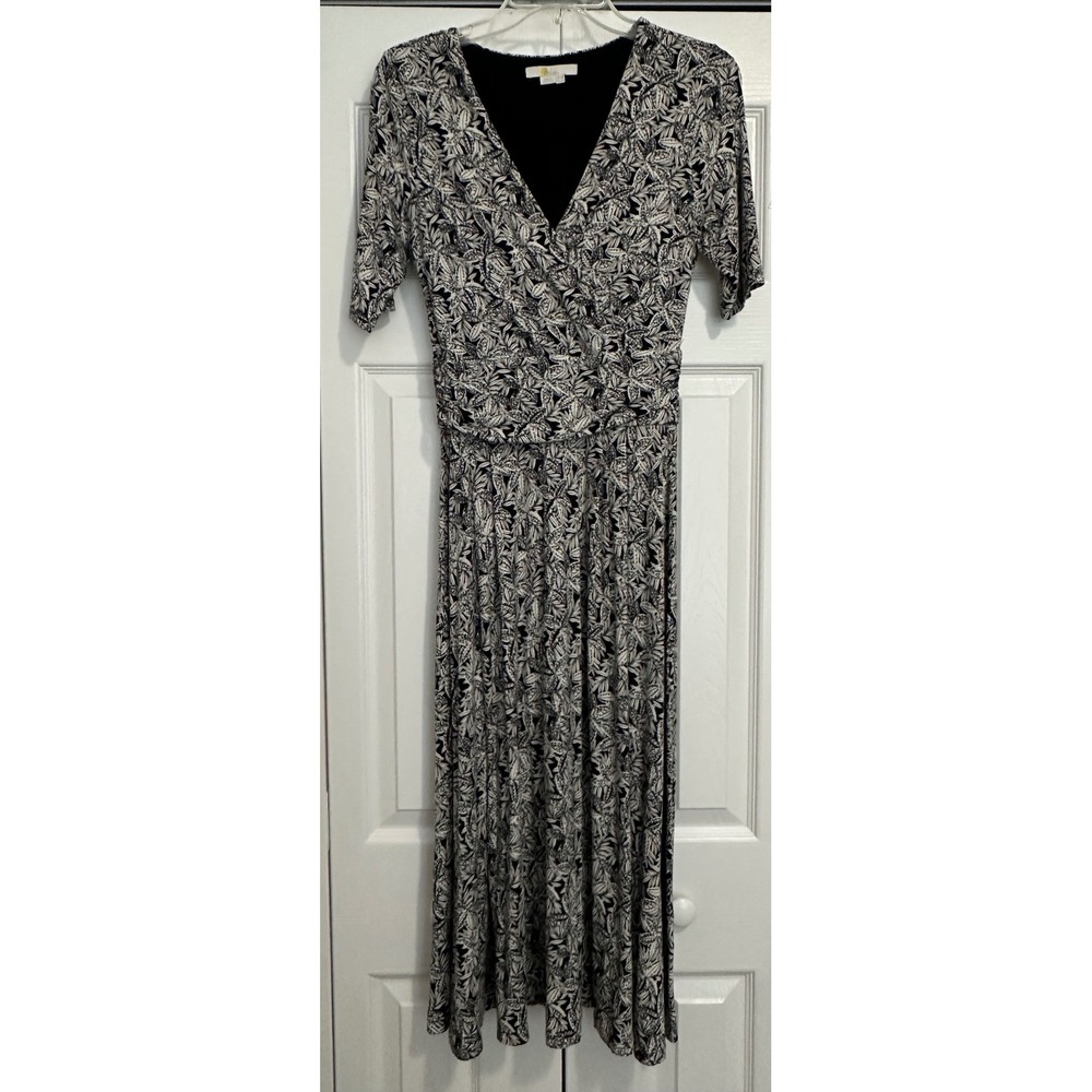 Boden Womens Black White Botanical Leaf Print Faux Wrap Midi Dress‎ Size US 2R